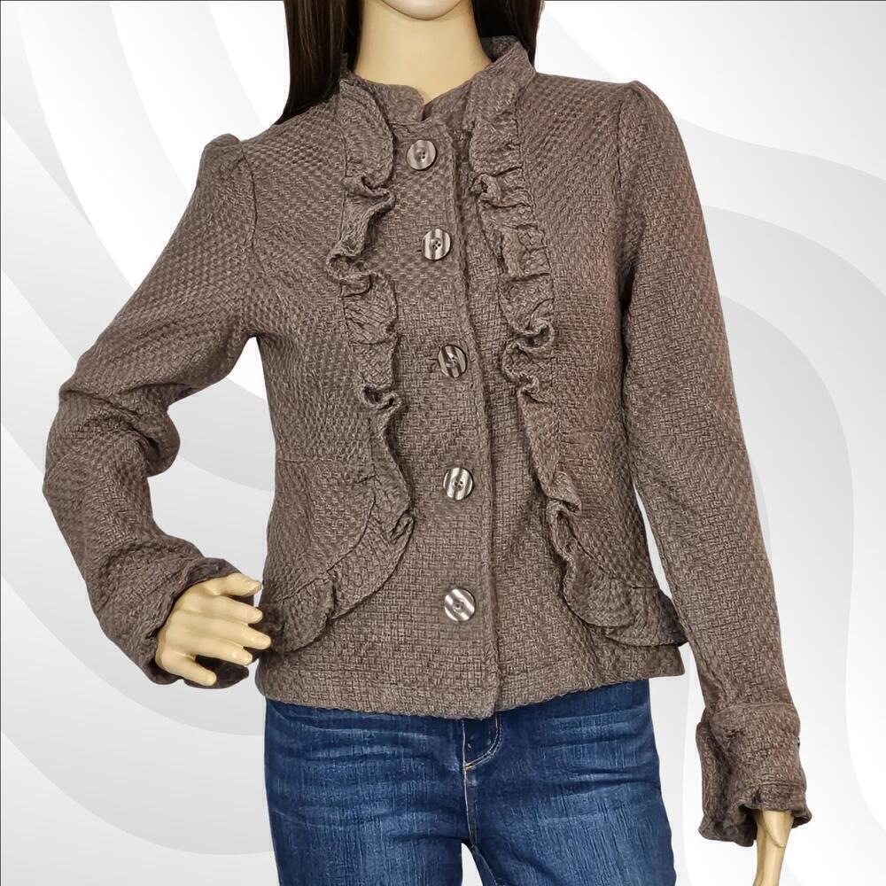*Decree Brown Textured Knit Ruffle Cardigan Jacket Size Small